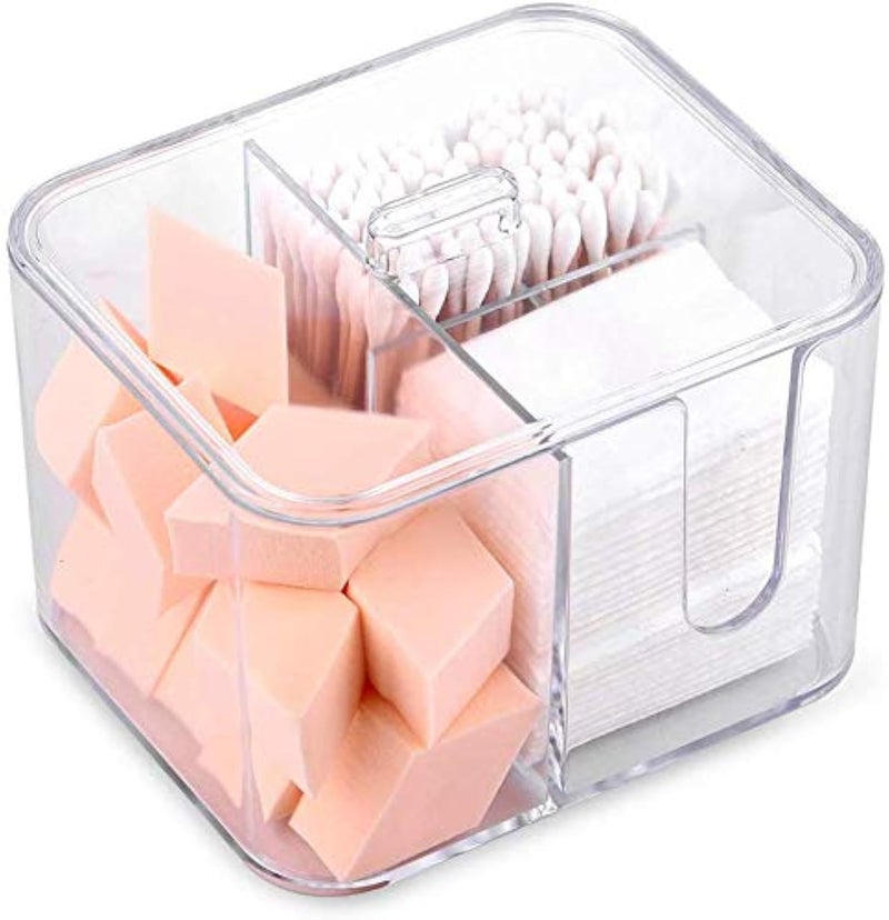 Sunficon Cotton Swab Balls Box Cotton Pads Holder Organizer Holder Dispenser Storage Canister Cosmetic Pads Container Flossers Case 4-Grid Bathroom Countertop Vanity Acrylic Crystal Clear - Image 1