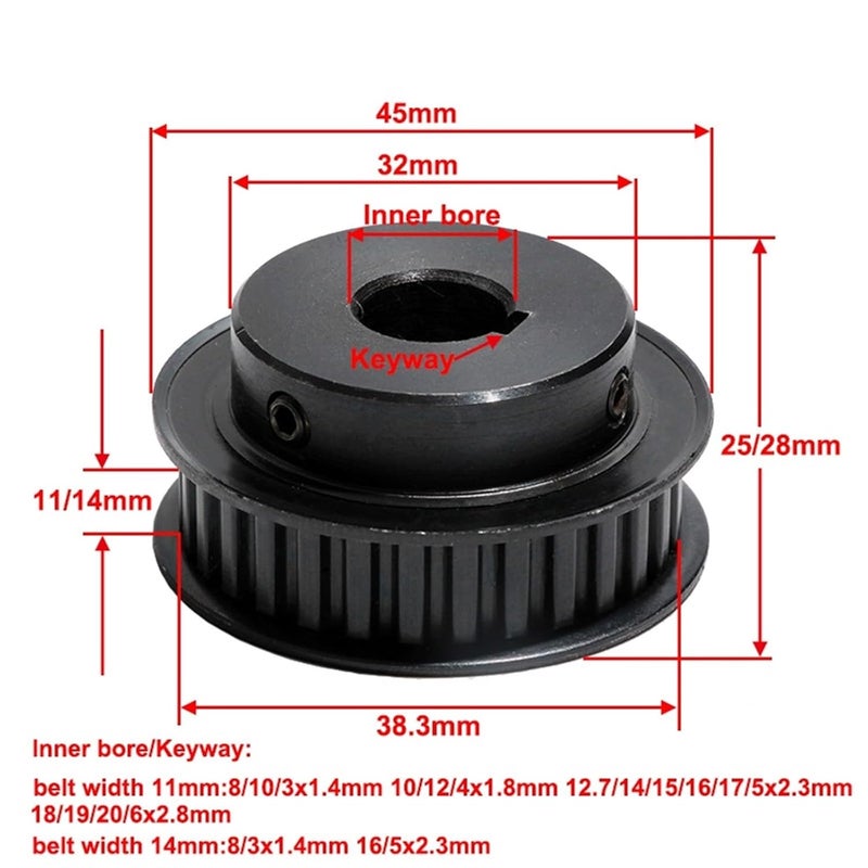 XL24T عجلات بكرة فولاذية سوداء قطر التجويف 25 مم مفتاح 5 25 مم عرض الحزام 11 مم - Image 5