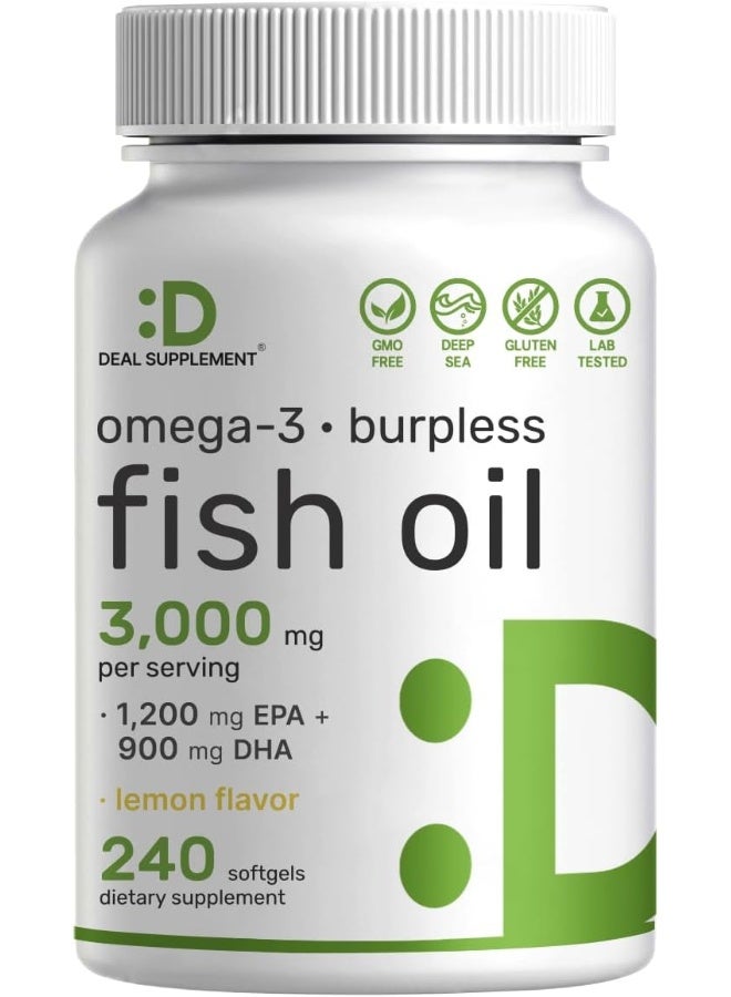 DEAL SUPPLEMENT Omega 3 Fish Oil Supplements, 3,000Mg Per Serving, 240 Softgels – Epa 1,200Mg + Dha 900Mg – Burpless Pills, Lemon Flavored, Wild Caught – Brain & Heart Support – Mercury Free, Non-Gmo - Image 1