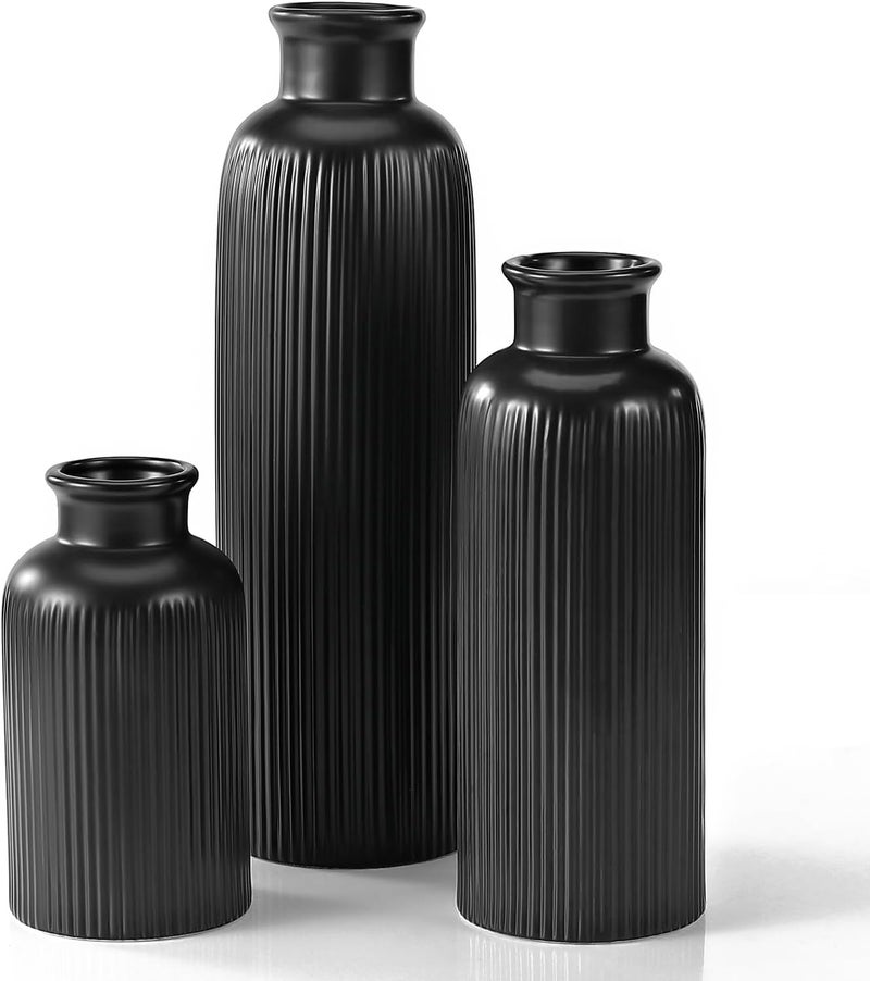 GUKJOB Small Black Ceramic Vase Set of 3, Boho Modern Black Flower Vase Room Decor, Farmhouse Decor, Vases for Your Kitchen, Bathroom, Bedroom, Living Room, Office&Shelf Centerpiece Table Decorations - Image 1