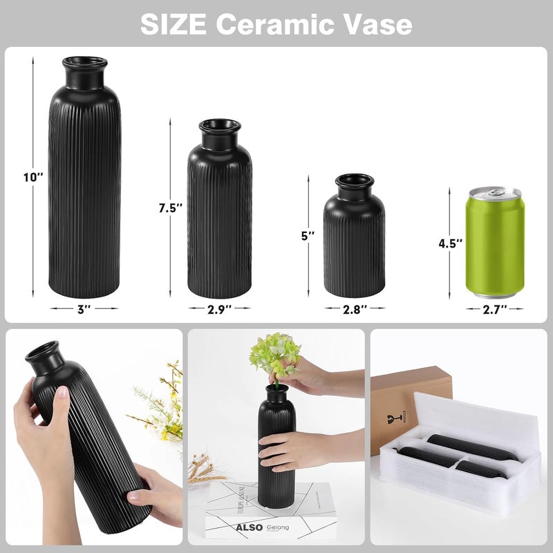 GUKJOB Small Black Ceramic Vase Set of 3, Boho Modern Black Flower Vase Room Decor, Farmhouse Decor, Vases for Your Kitchen, Bathroom, Bedroom, Living Room, Office&Shelf Centerpiece Table Decorations - Image 2