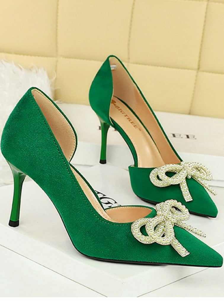 بيج تري المرأة مغلقة أشارت إصبع القدم مضخة الراينست قوس الديكور كعب عالي أخضر 8.5CM - Image 2