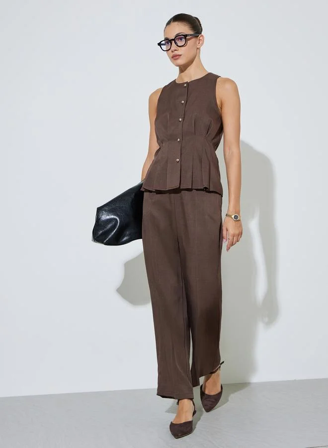 Styli Brown Solid Wide Leg Trousers with Side Pocket