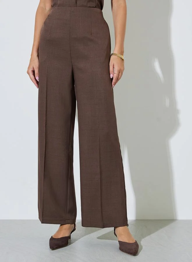 Styli Brown Solid Wide Leg Trousers with Side Pocket