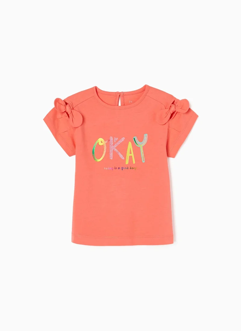 Zippy Cotton T-shirt for Baby Girls 'Okay', Coral