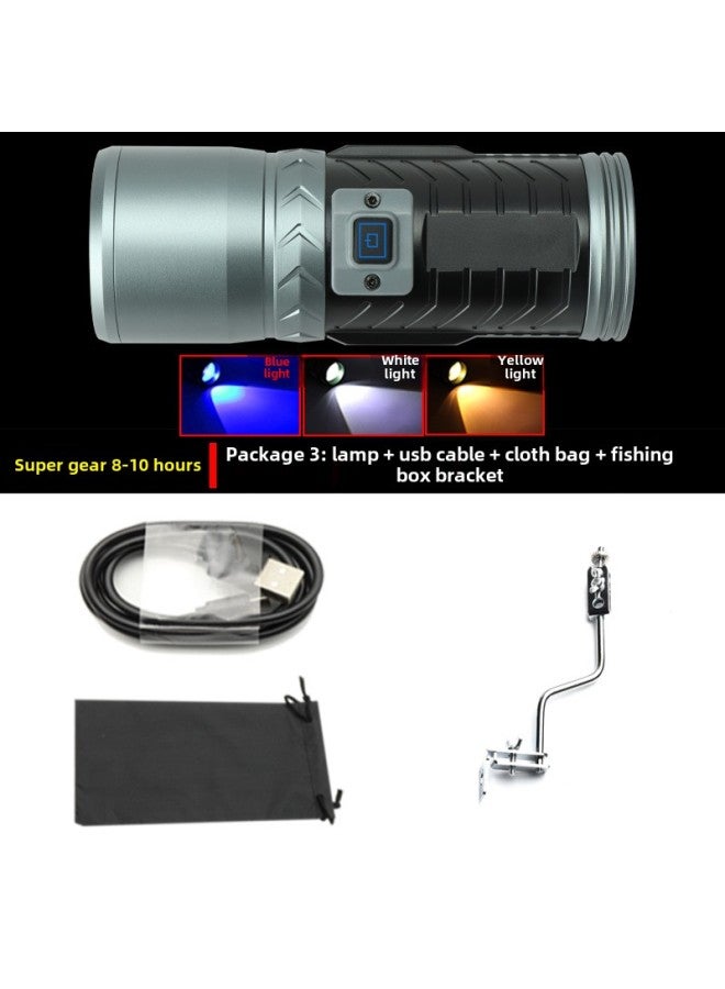 Three-light Source Fishing Lamp Flashlight Strong Light High-power Night Fishing Lamp Blue Light Outdoor USB Rechargeable Fishing Lamp-Color:Package 3: Light + Line + Cloth Bag + Fishing Box Bracket  - Image 1
