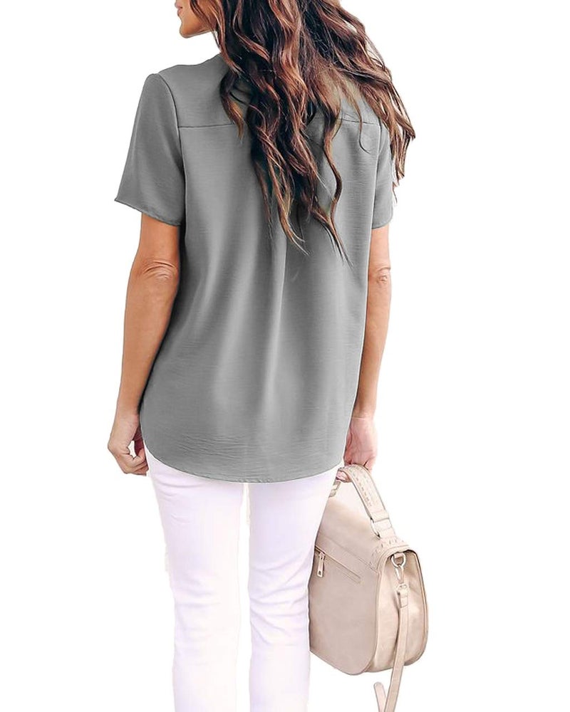 Allimy Women Summer Short Sleeve Tunic Tops Casual Chiffon Silk Blouses Plus Size Medium Grey - Image 4