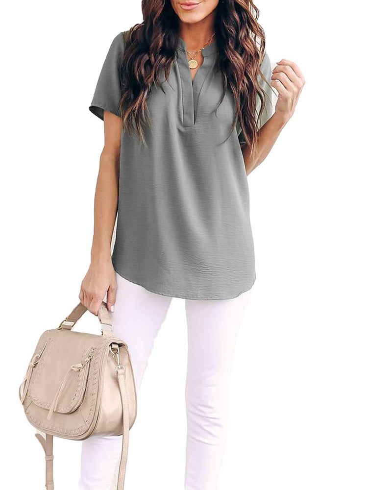 Allimy Women Summer Short Sleeve Tunic Tops Casual Chiffon Silk Blouses Plus Size Medium Grey - Image 3