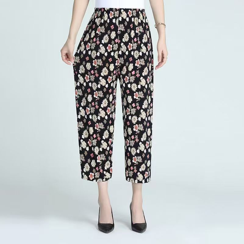 Cross-border Fashion Ink Butterfly National Style Casual Pants Womens New Chinese Style Loose Wide Leg Loose Summer New Ankle-length Pants Wildflowers everywhere, fragrant ice silk nine-point straight-leg floral pants 