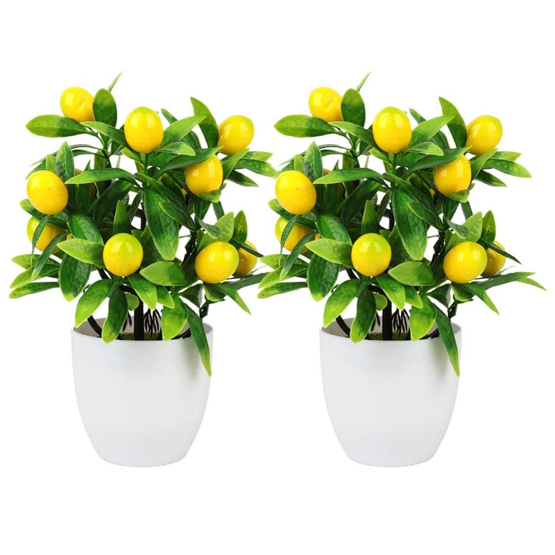 2 pieces of artificial lemon tree plant decoration, 9.45 inches, fake green plant, flower decoration, mini potted fruit stem, used for home decoration, office - Image 1