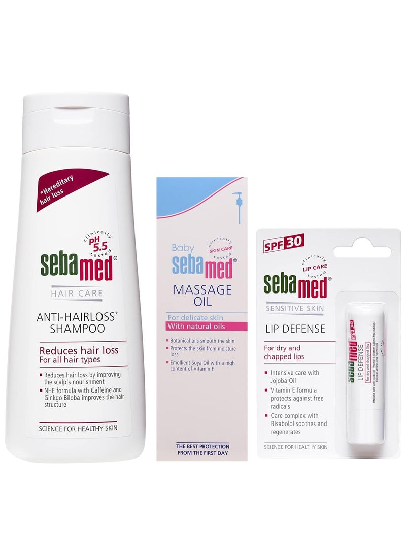 SebaMed Anti-Hairloss Shampoo, 200ml & SPF 30 Lip Defense Stick, 4.8g & Baby Massage Oil, 150ml - Image 1