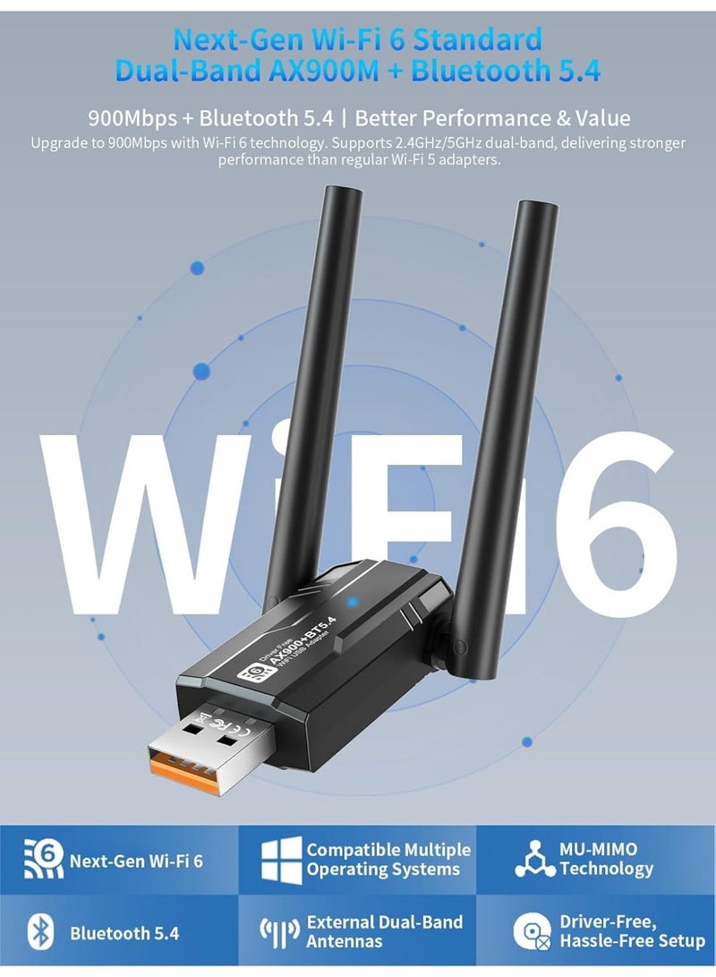 USB WiFi 6 Adapter with Bluetooth 5.4 Dual Band 2.4/5GHz, AX900Mbps USB Wireless Network Adapter with 5dBi Antenna for Desktop/Laptop, 802.11ax, WPA3, Compatible with Windows 11/10/8.1/8/7 - Image 2
