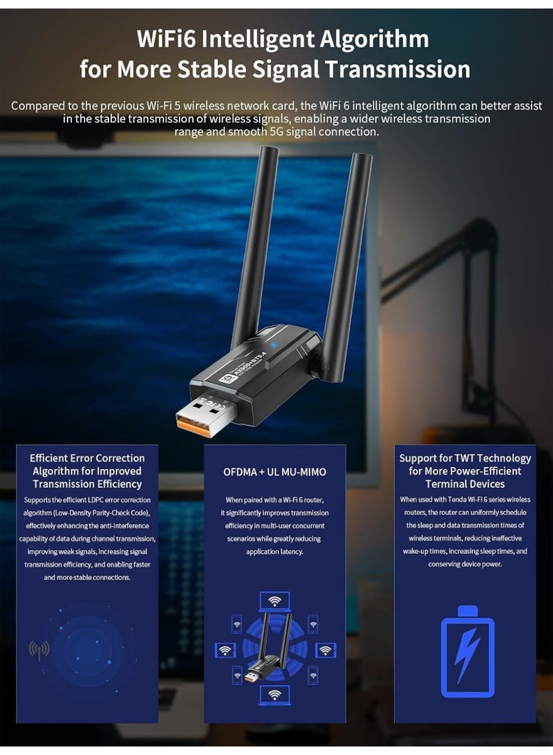 USB WiFi 6 Adapter with Bluetooth 5.4 Dual Band 2.4/5GHz, AX900Mbps USB Wireless Network Adapter with 5dBi Antenna for Desktop/Laptop, 802.11ax, WPA3, Compatible with Windows 11/10/8.1/8/7 - Image 3