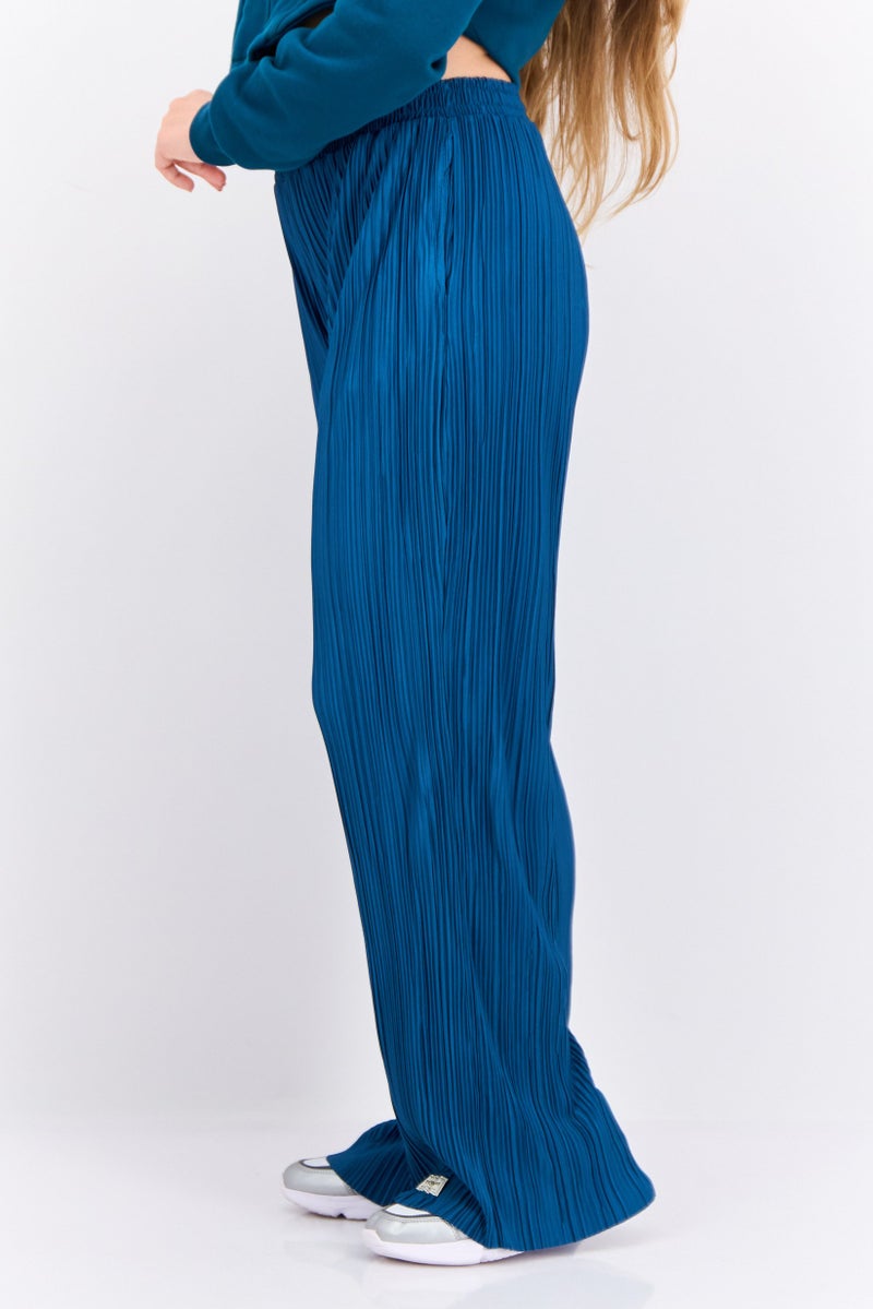 The Giving Movement Women Regular Fit Textured Wide Leg Pants, Teal Green - Image 2