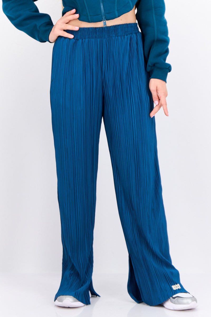 The Giving Movement Women Regular Fit Textured Wide Leg Pants, Teal Green - Image 1