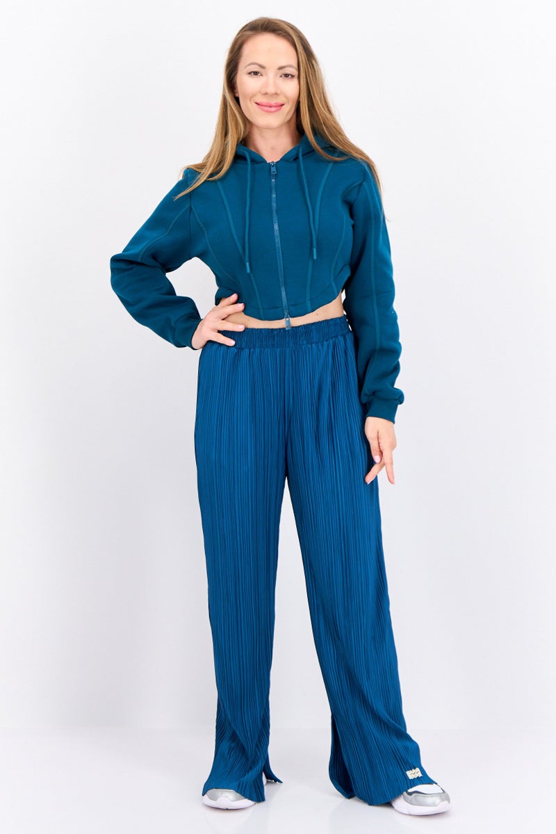 The Giving Movement Women Regular Fit Textured Wide Leg Pants, Teal Green - Image 4