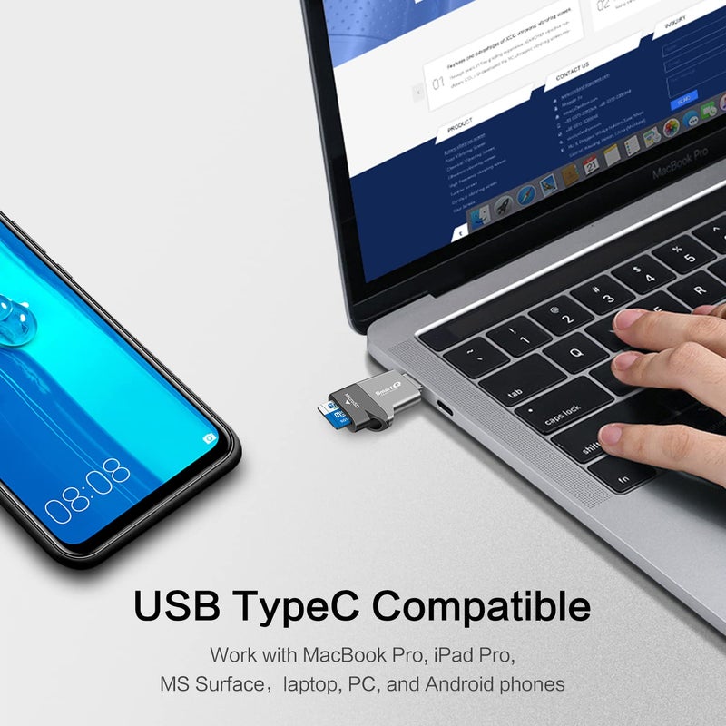 SmartQ قارئ بطاقة C356 Type-C MicroSD مع تقنية USB 3.0 فائق السرعة، يدعم MicroSDXC و MicroSDHC و MicroSD لنظام ويندوز و Mac OS X و أندرويد (رمادي منتصف الليل) - Image 2