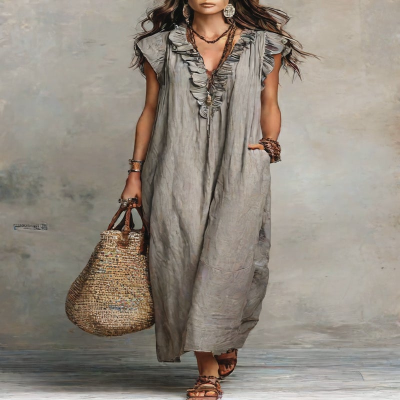 Women's A-Line Long Dress with Square Neck and Ruffle Detail - Image 4