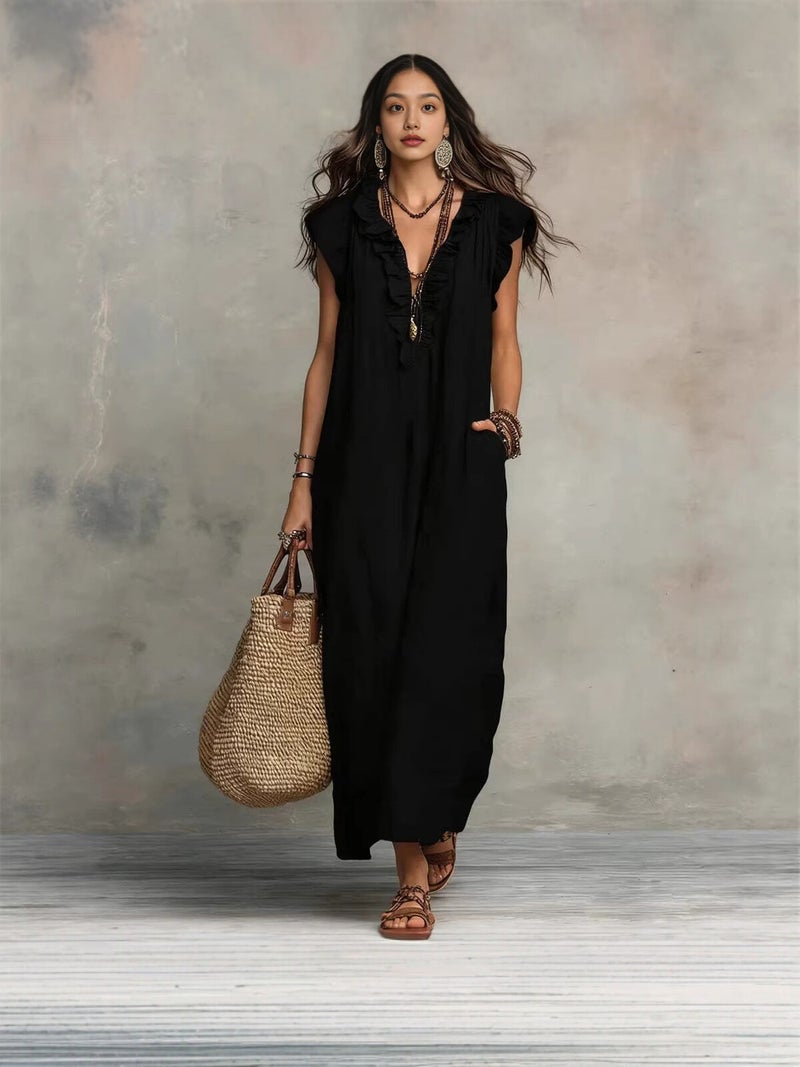 Women's A-Line Long Dress with Square Neck and Ruffle Detail - Image 2
