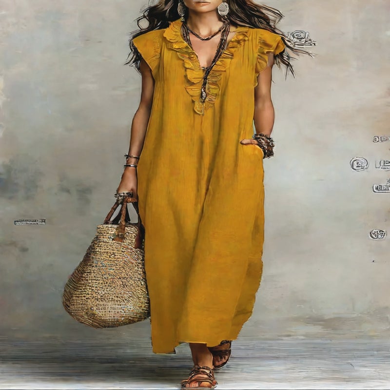 Women's A-Line Long Dress with Square Neck and Ruffle Detail - Image 3