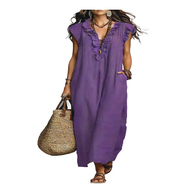 Women's A-Line Long Dress with Square Neck and Ruffle Detail - Image 1