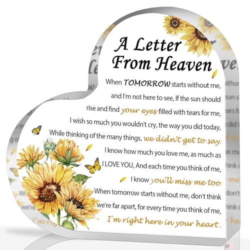 QUPT Sympathy Gifts - A Letter from Heaven- Memorial Gift for Loss of Mother Father Husband Son, Acrylic Heart Keepsake,Remembrance Sympathy Gifts （Sunflower） - Image 1
