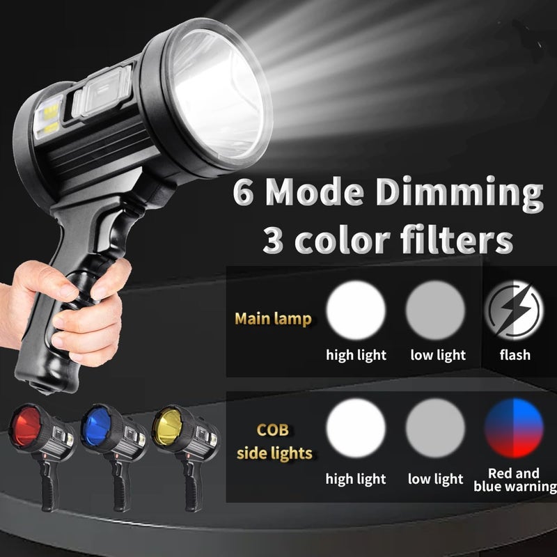 MAPPLE CREATION Rechargeable Spotlight Flashlights High Lumens 90000 Lumens Led Spotlight with 3 Main Modes and 4 Colors Filter Spot Light Outdoor Handheld Included USB Cable for Fishing Camping Hunting Spotlight - Image 2