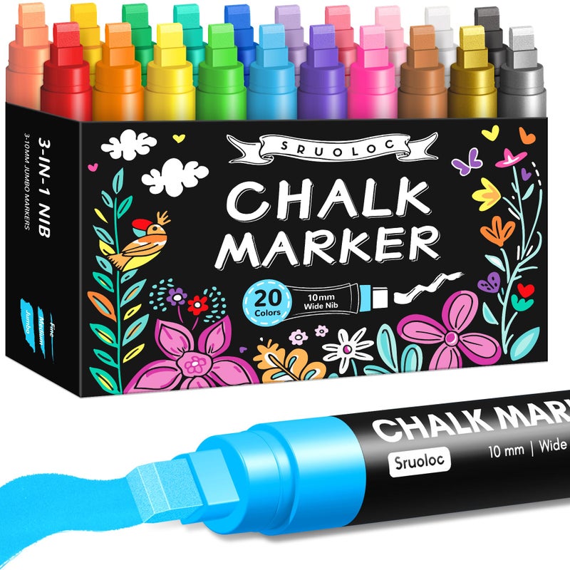 SRUOLOC Window Chalk Markers for Glass Washable, 20 Colors Jumbo Liquid Chalk Marker with 10mm 3 in 1 Nib Thick Wide Tips, Big Chalkboard Markers, Car Paint Pen for Auto, Bistro, Mirror, Poster, Blackboards - Image 1