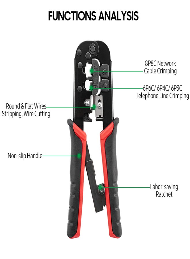 Ratcheting Crimping Tool 3 in 1 Multifunction Wire Crimpers Stripper Cutter, 8P 6P Network Line Telephone Wire Crimping Cable Stripping Cutting Electrician Hand Tool - Image 2