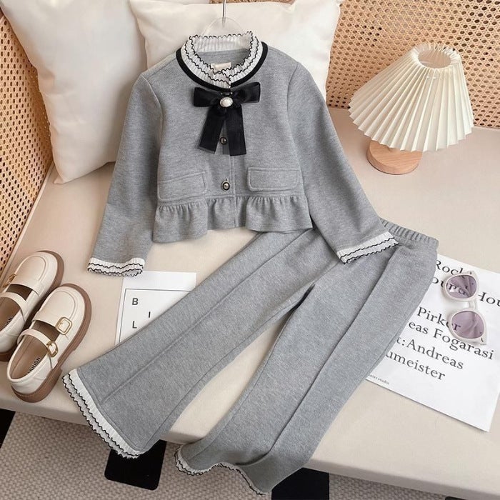 Girls Spring Autumn Fashion Set 2024 Korean Bowknot Lace Collar Top Wide Leg Pants Gray