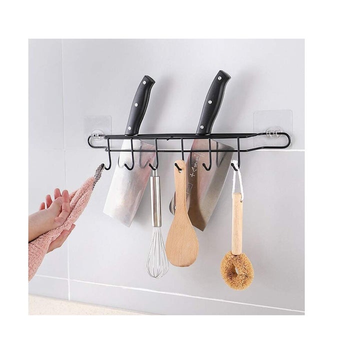 ADHESIVE METAL 6 HOOK COAT HANGER TOWEL HOLDER ORGANIZER KITCHEN DOOR BATHROOM KNIFE HOLDER RAIL UTENSIL PAN COOKWARE BLACK 6 HOOK RACK