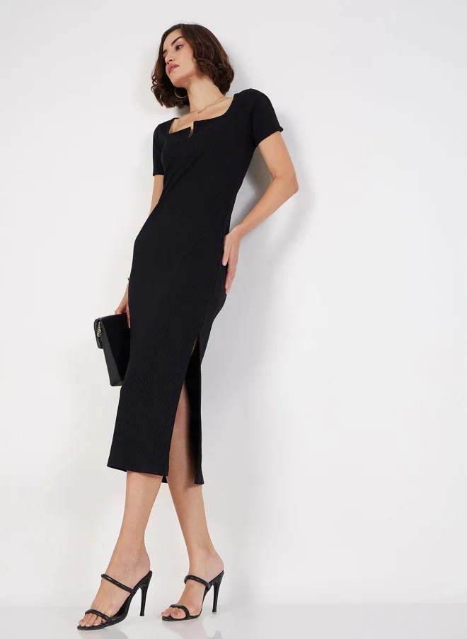 ساسافراس Black Square Neck Knitted Sheath Midi Dress for Women