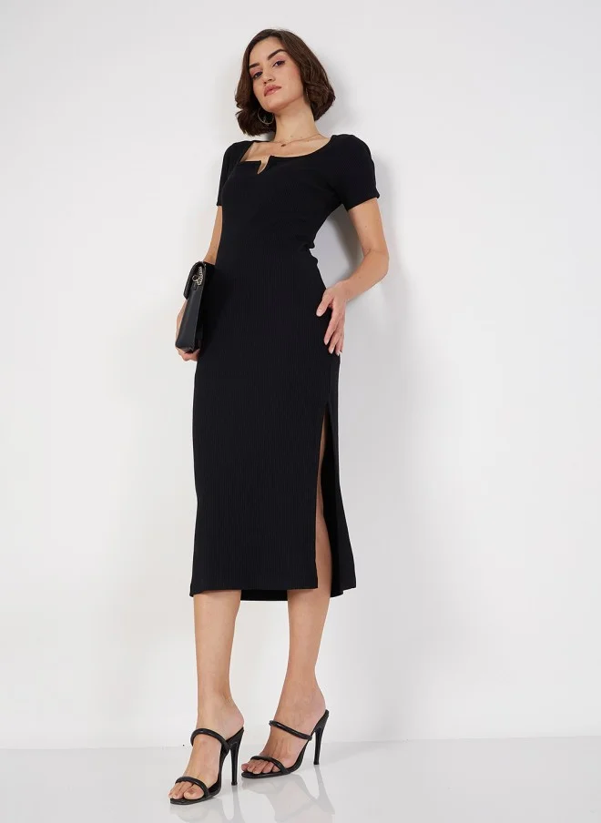 SASSAFRAS Black Square Neck Knitted Sheath Midi Dress for Women