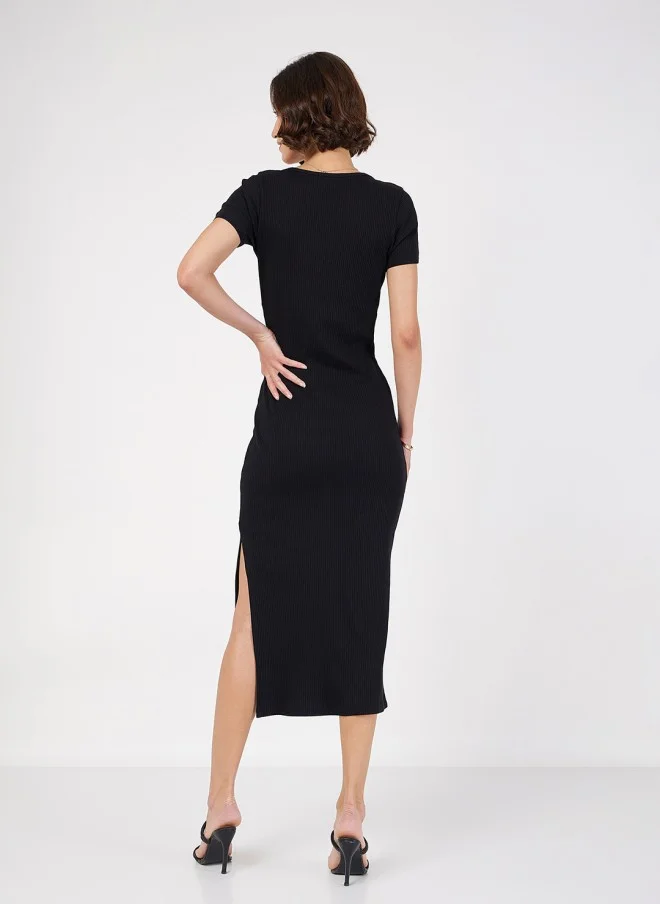 SASSAFRAS Black Square Neck Knitted Sheath Midi Dress for Women
