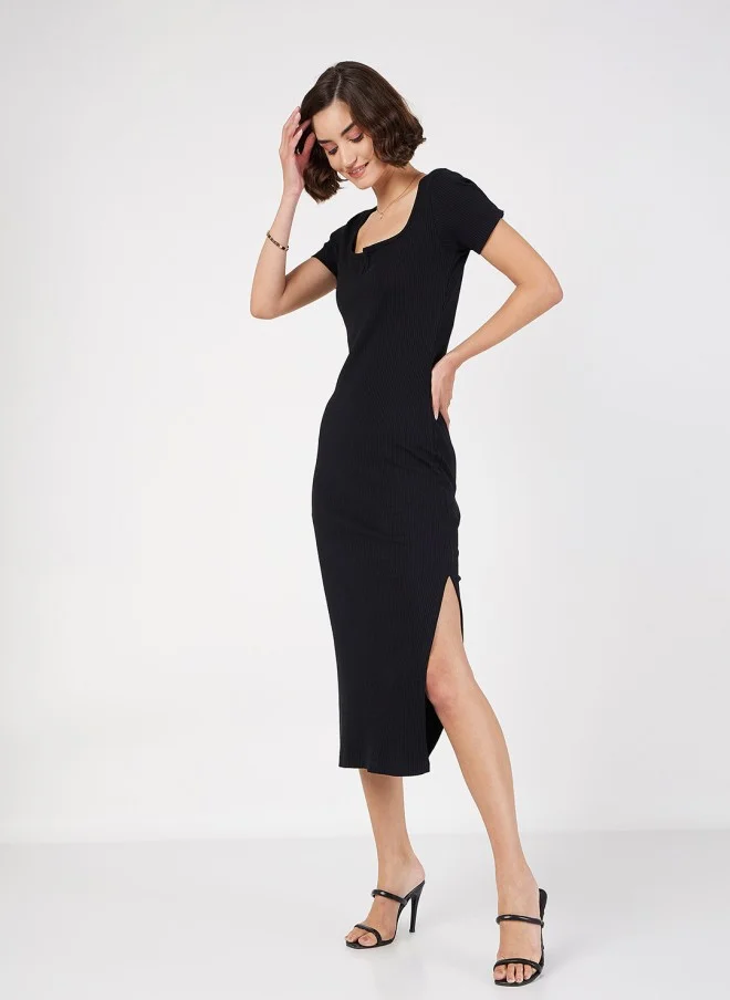 SASSAFRAS Black Square Neck Knitted Sheath Midi Dress for Women
