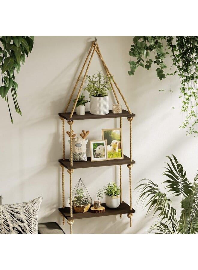 Home Gallery Floating Wall Swing Rope Storage Shelves Brown 3 Shelves 40x20x100 cm - Image 1