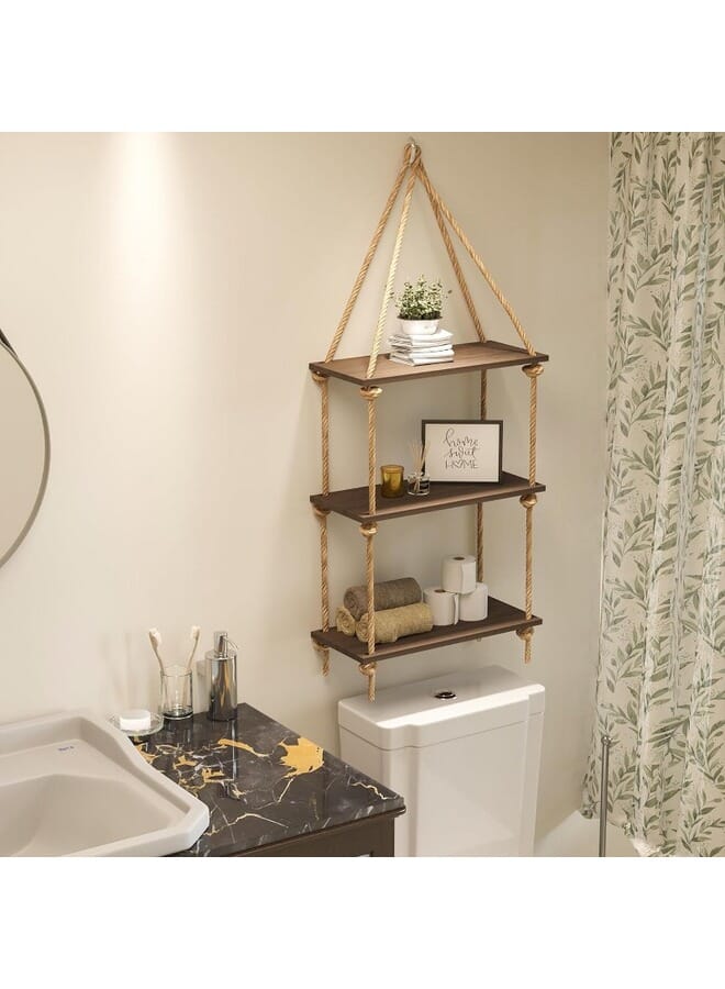 Home Gallery Floating Wall Swing Rope Storage Shelves Brown 3 Shelves 40x20x100 cm - Image 4