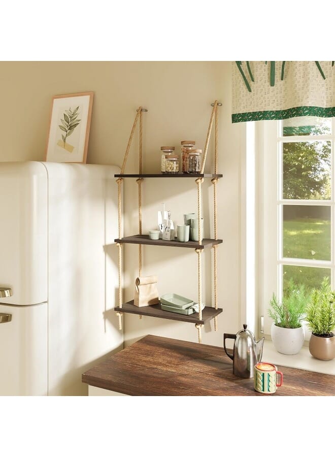 Home Gallery Floating Wall Swing Rope Storage Shelves Brown 3 Shelves 40x20x100 cm - Image 5
