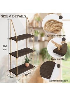 Home Gallery Floating Wall Swing Rope Storage Shelves Brown 3 Shelves 40x20x100 cm  - Image 2