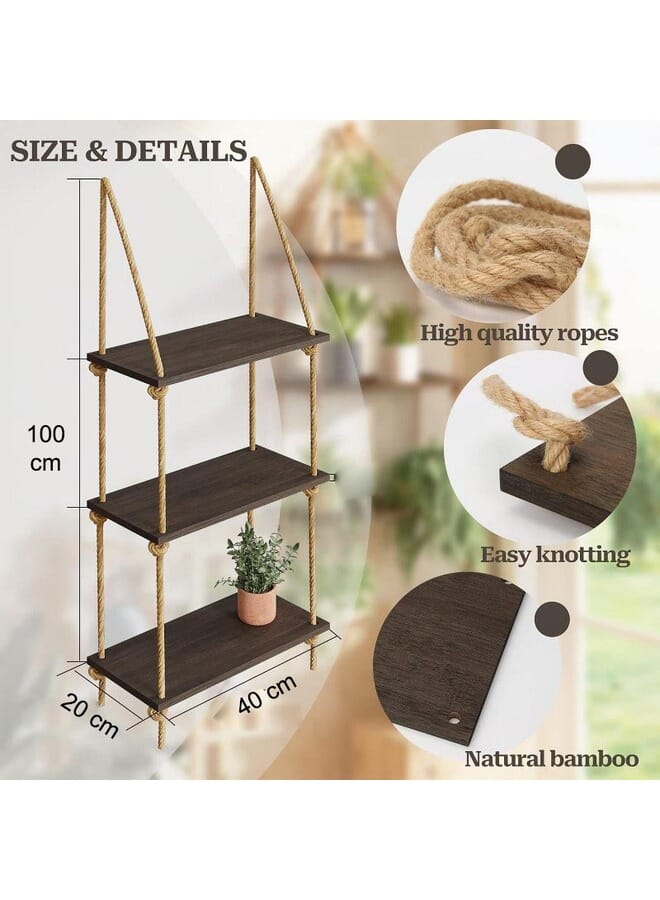 Home Gallery Floating Wall Swing Rope Storage Shelves Brown 3 Shelves 40x20x100 cm - Image 2