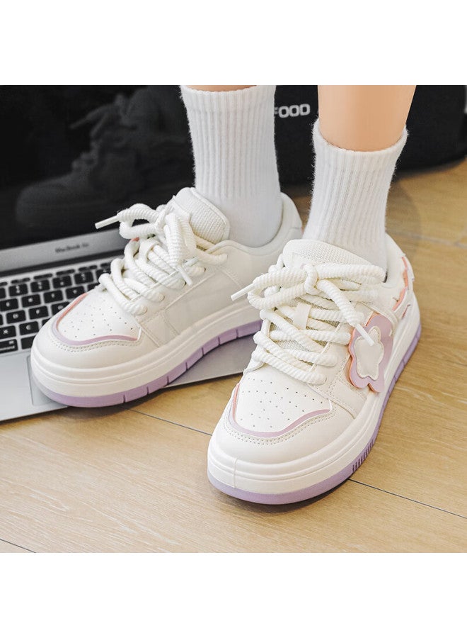 Pull Back Warrior Women's Thick Sole Sneakers Platform Casual Trendy White Shoes Ladies Sports Shoes Beige Purple Size 39 - Image 4