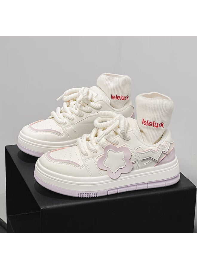 Pull Back Warrior Women's Thick Sole Sneakers Platform Casual Trendy White Shoes Ladies Sports Shoes Beige Purple Size 39 - Image 1