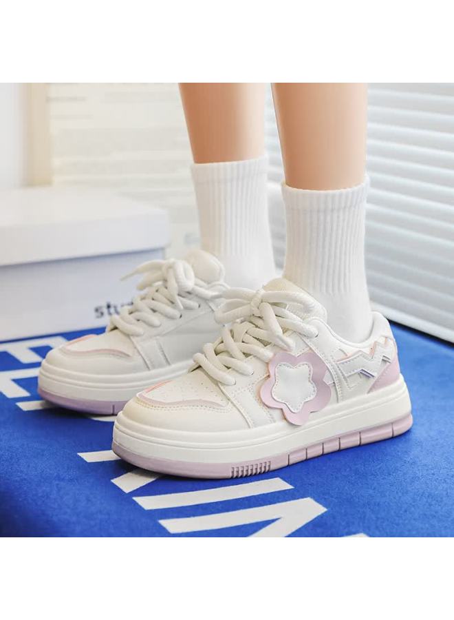 Pull Back Warrior Women's Thick Sole Sneakers Platform Casual Trendy White Shoes Ladies Sports Shoes Beige Purple Size 39 - Image 2