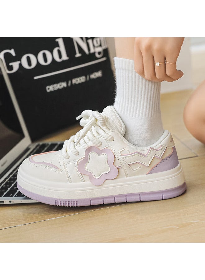 Pull Back Warrior Women's Thick Sole Sneakers Platform Casual Trendy White Shoes Ladies Sports Shoes Beige Purple Size 39 - Image 3