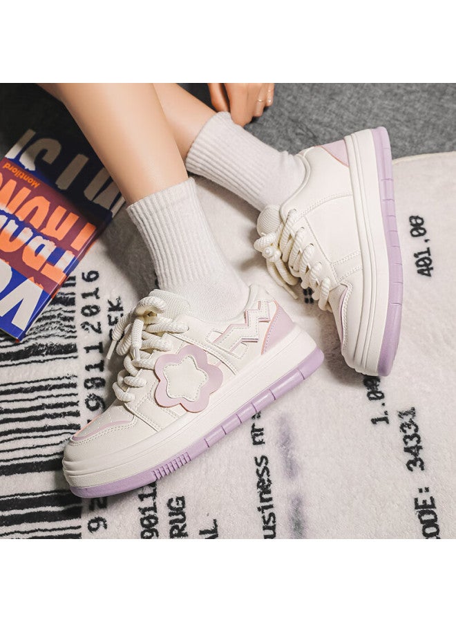 Pull Back Warrior Women's Thick Sole Sneakers Platform Casual Trendy White Shoes Ladies Sports Shoes Beige Purple Size 39 - Image 5