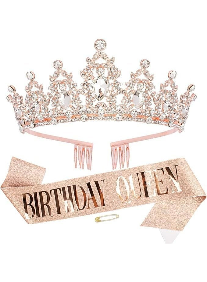 FengSVMA Birthday Queen Sash and Crown Set,Satin Kit for Girls Party Accessories for Prom Decoration Accessory Set with Pin (Rose Gold Set) - Image 1