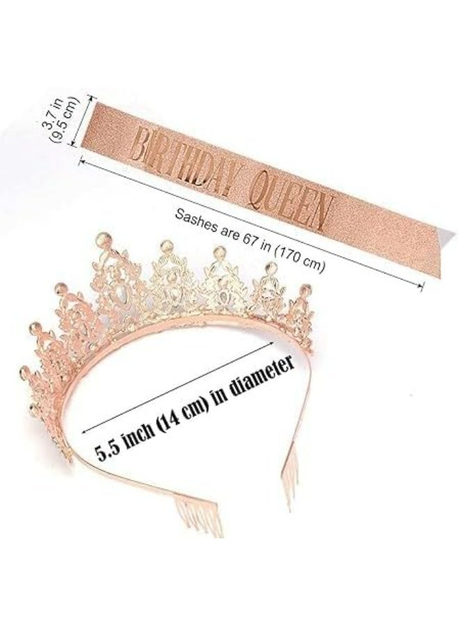 FengSVMA Birthday Queen Sash and Crown Set,Satin Kit for Girls Party Accessories for Prom Decoration Accessory Set with Pin (Rose Gold Set) - Image 2