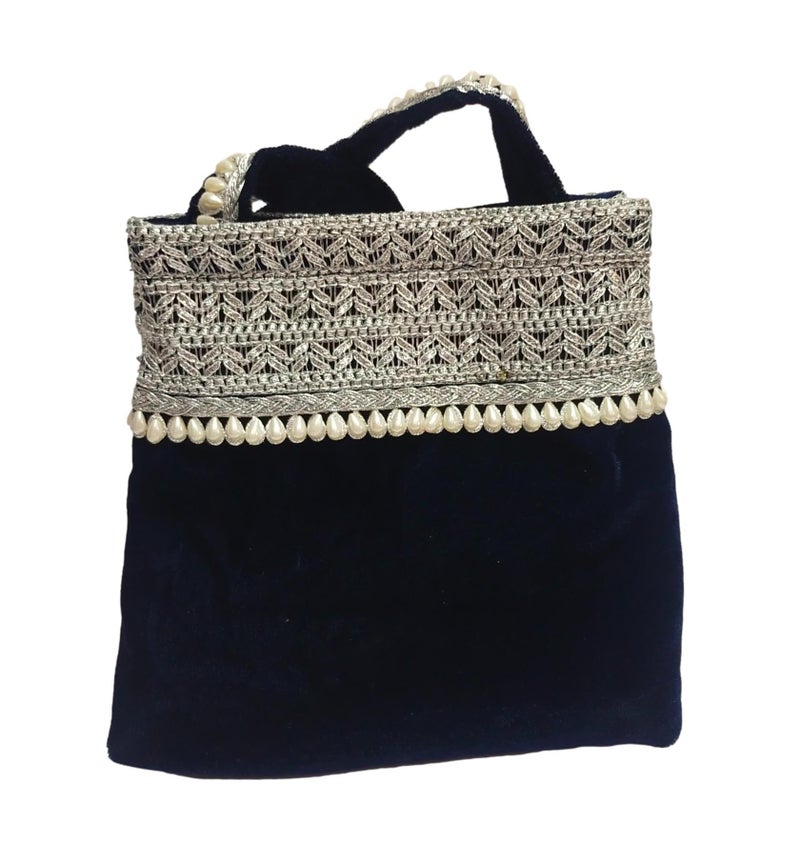 athizay Blue Velvet Handbag for women potli bag which opens to a small shoulder bag for ladies with handcrafted Moti work Strap Multi purpose bag Regal and Royal look - Image 3