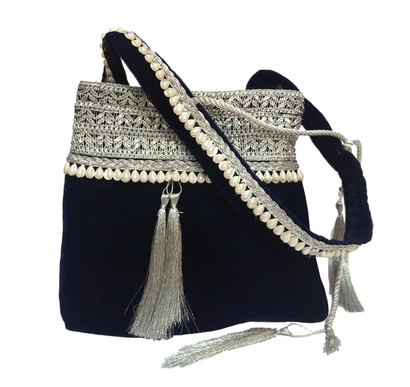 athizay Blue Velvet Handbag for women potli bag which opens to a small shoulder bag for ladies with handcrafted Moti work Strap Multi purpose bag Regal and Royal look - Image 1