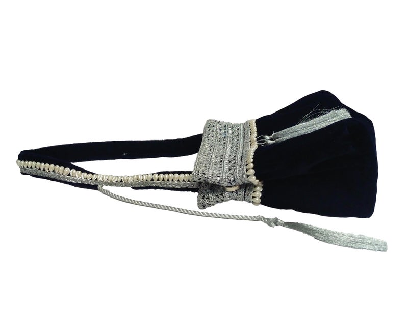 athizay Blue Velvet Handbag for women potli bag which opens to a small shoulder bag for ladies with handcrafted Moti work Strap Multi purpose bag Regal and Royal look - Image 4